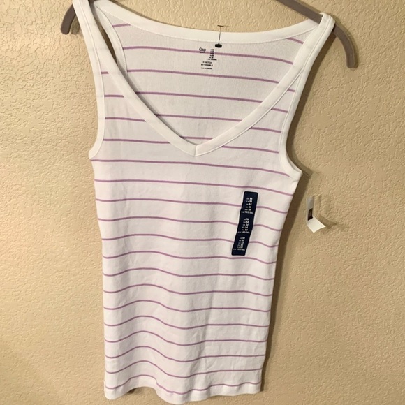 NWT Gap Tank Top Medium Stretch Ribbed Fabric White w/ Purple Stripes New - Picture 2 of 6